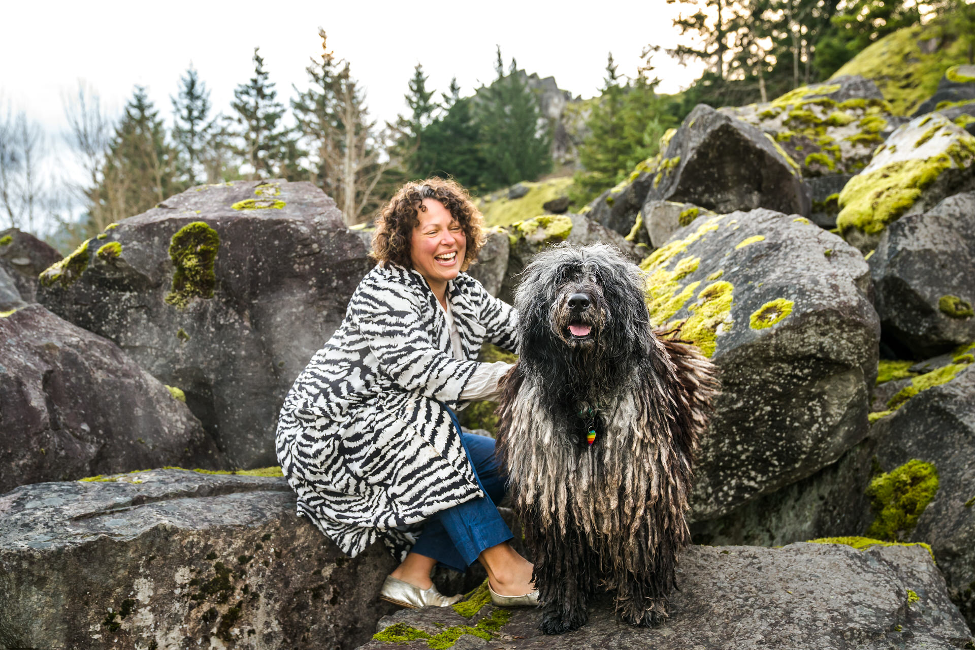 Woman with her Bergamasco sheepdog