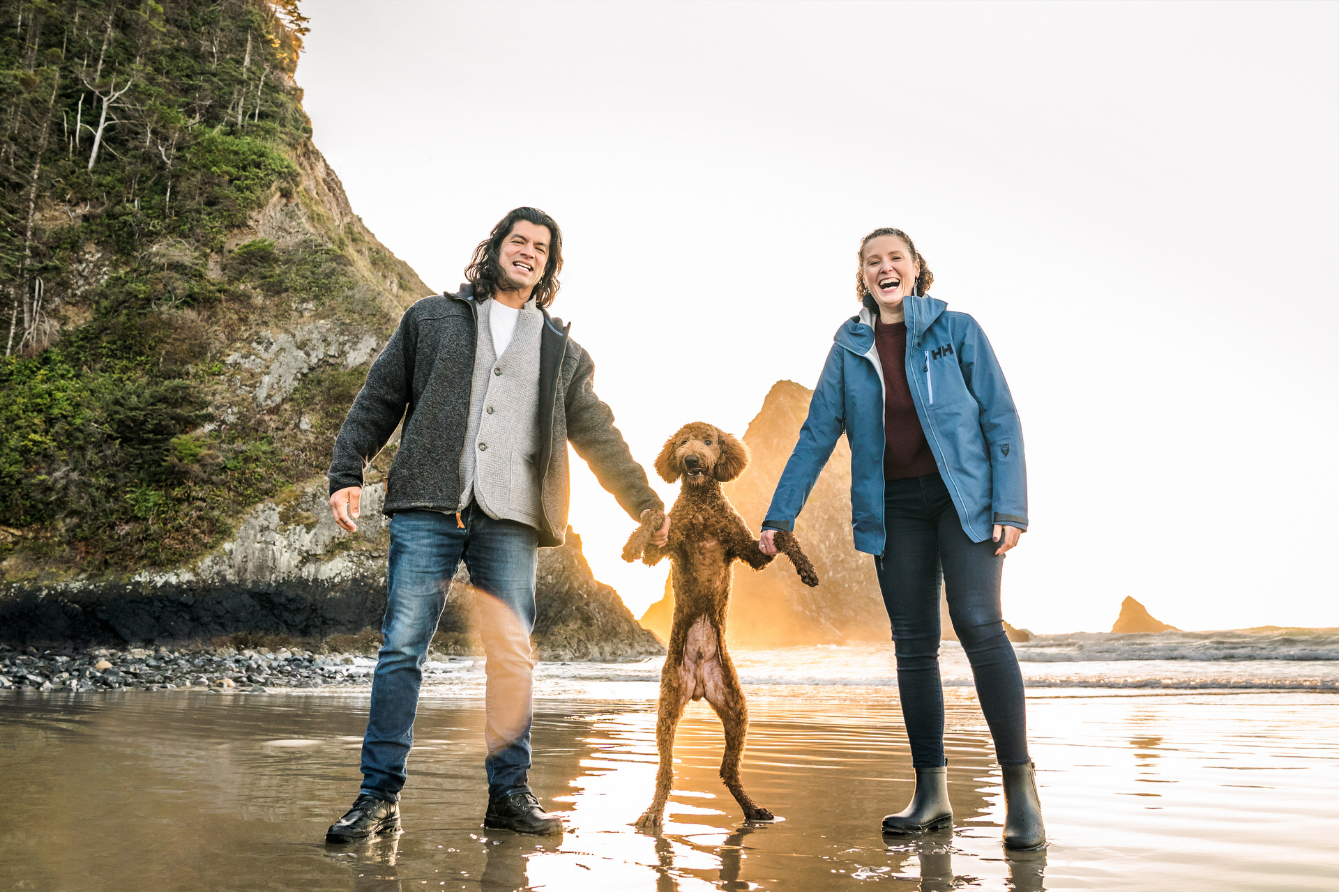 funny portrait with couple and dog on Oregon Beach