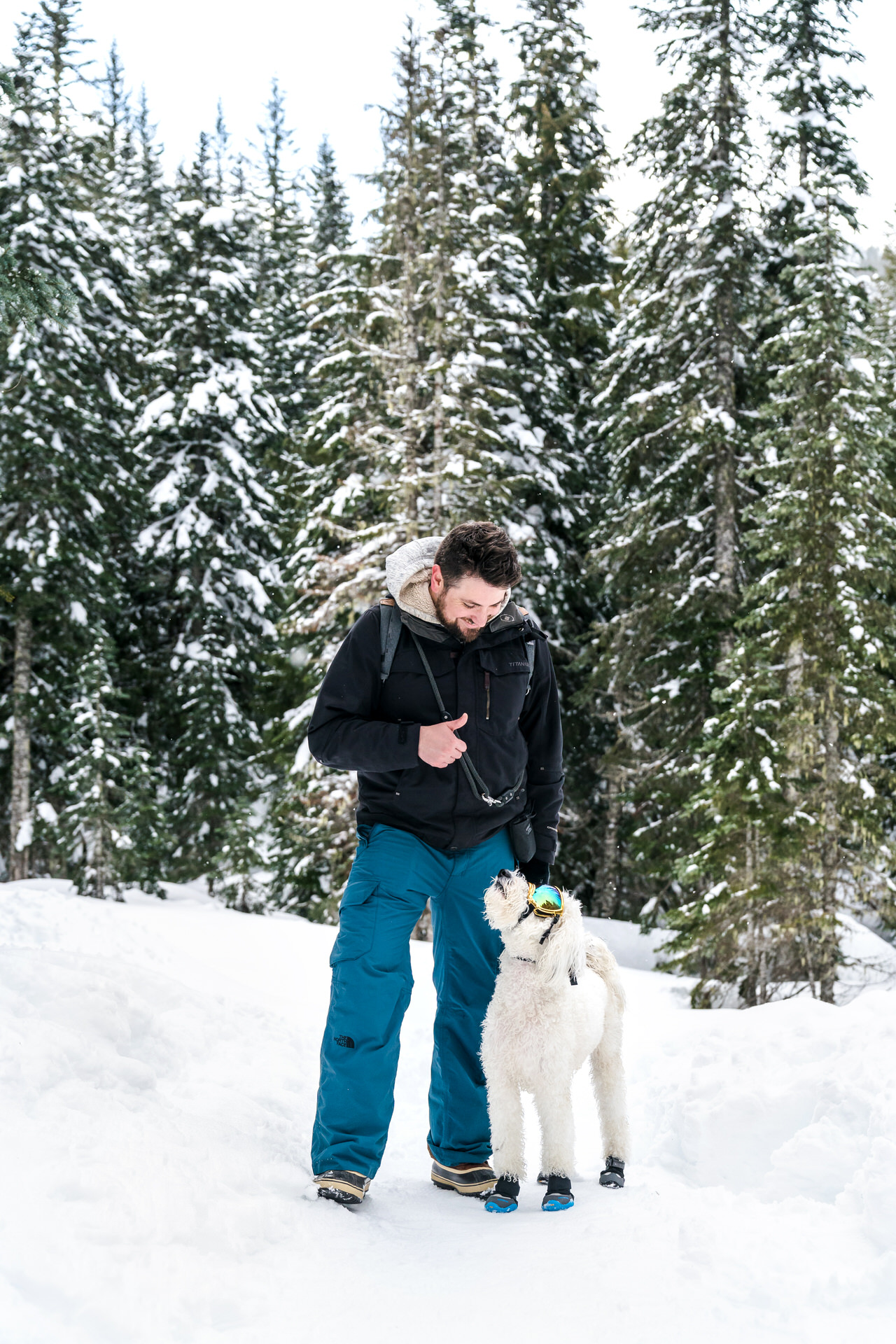 man and dog look at each other while on a winter hike on Mirror Lake Trail in the Mt Hood area